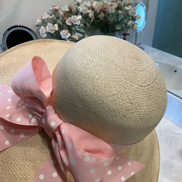 David Cohen Straw Hat with Pink and White Poka Dot Ribbon, Size is 22.5 Inches - Picture 6 of 11